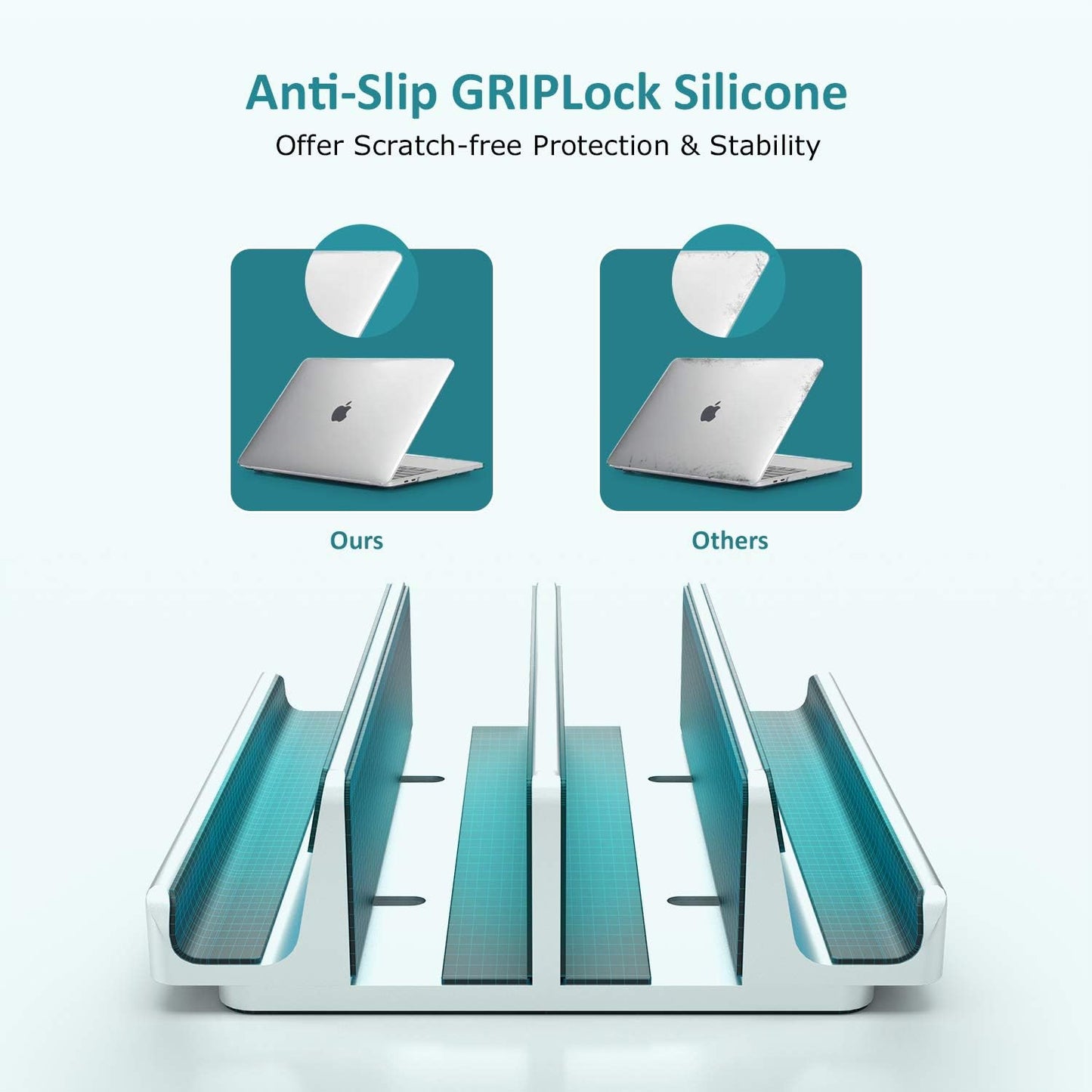 Vertical Laptop Stand - SPACEMax Adjustable GRIPLock Anti-Tip Silicone 4 Slots Aluminum Desktop Holder - Double Dock Stand - 2 Phone Slots Fits Up to 17.3” Laptops, Tablets, Phones - Silver