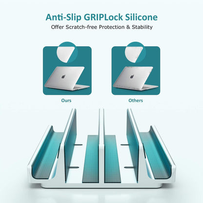 Vertical Laptop Stand - SPACEMax Adjustable GRIPLock Anti-Tip Silicone 4 Slots Aluminum Desktop Holder - Double Dock Stand - 2 Phone Slots Fits Up to 17.3” Laptops, Tablets, Phones - Silver