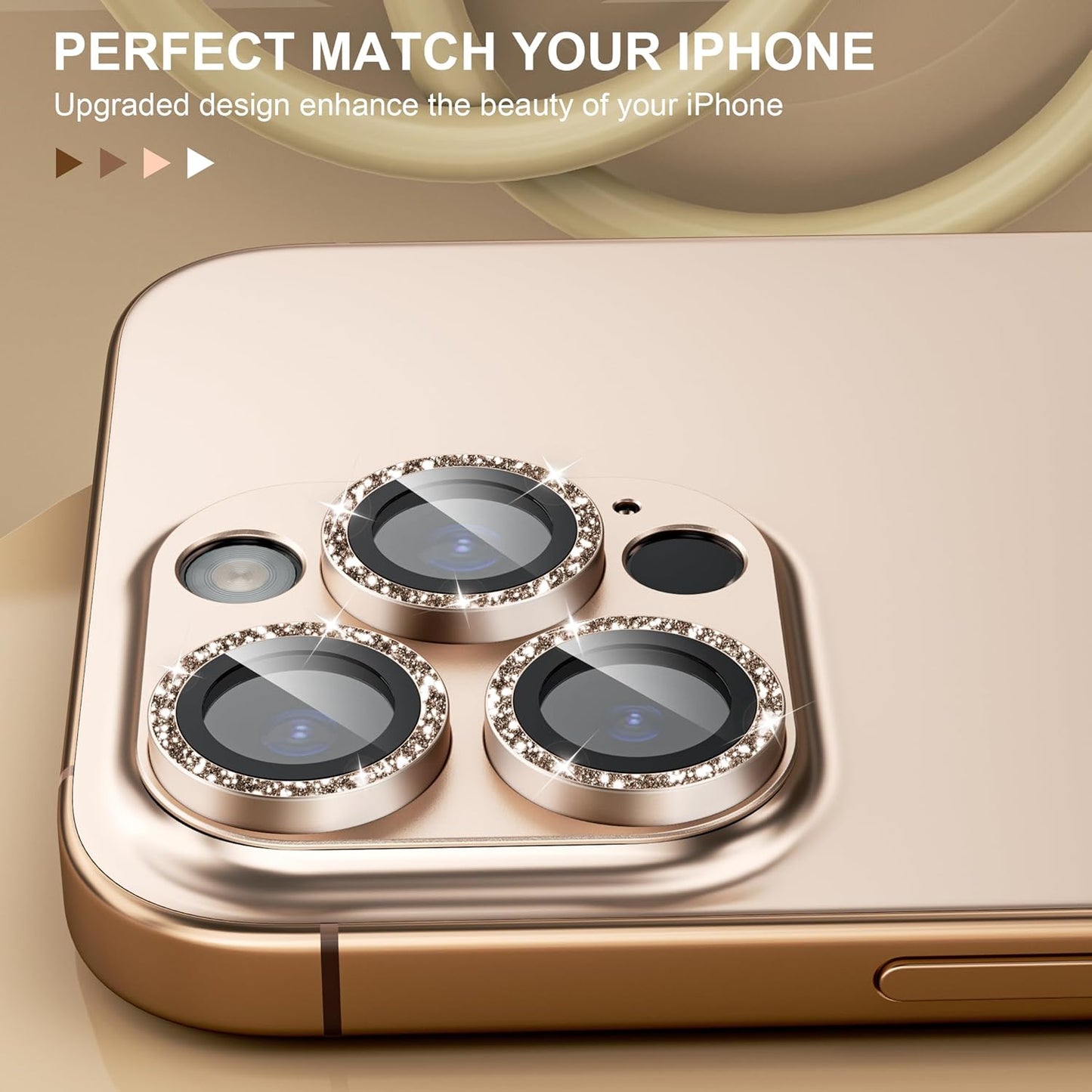beuxece Compatible for iPhone 16 Pro/iPhone 16 Pro Max Camera Lens Protector, Bling Metal Tempered Glass Camera Screen Cover Accessories [Strong Adsorption][Case-Friendly]- Glitter Titanium Desert