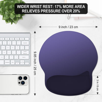 ITNRSIIET Ergonomic Mouse Pad with Wider Memory Foam Wrist Rest +17%, Curved Cushion Reduces Pressure 20%, Pain Relief, Non-Slip, Smooth, Cute Color Desk Accessory, 9.85 x 9 inch, Violet Gradient