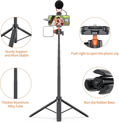 VRIG TP16 Camera Tripod, 55 inch Extendable Phone Selfie Stick Camera Tripod Stand with 2 in 1 Phone Clip, 5 Levels Adjustment 360° Ball Head Loads Up for Pocket 3 Insta360 X5 iPhone Sony Canon