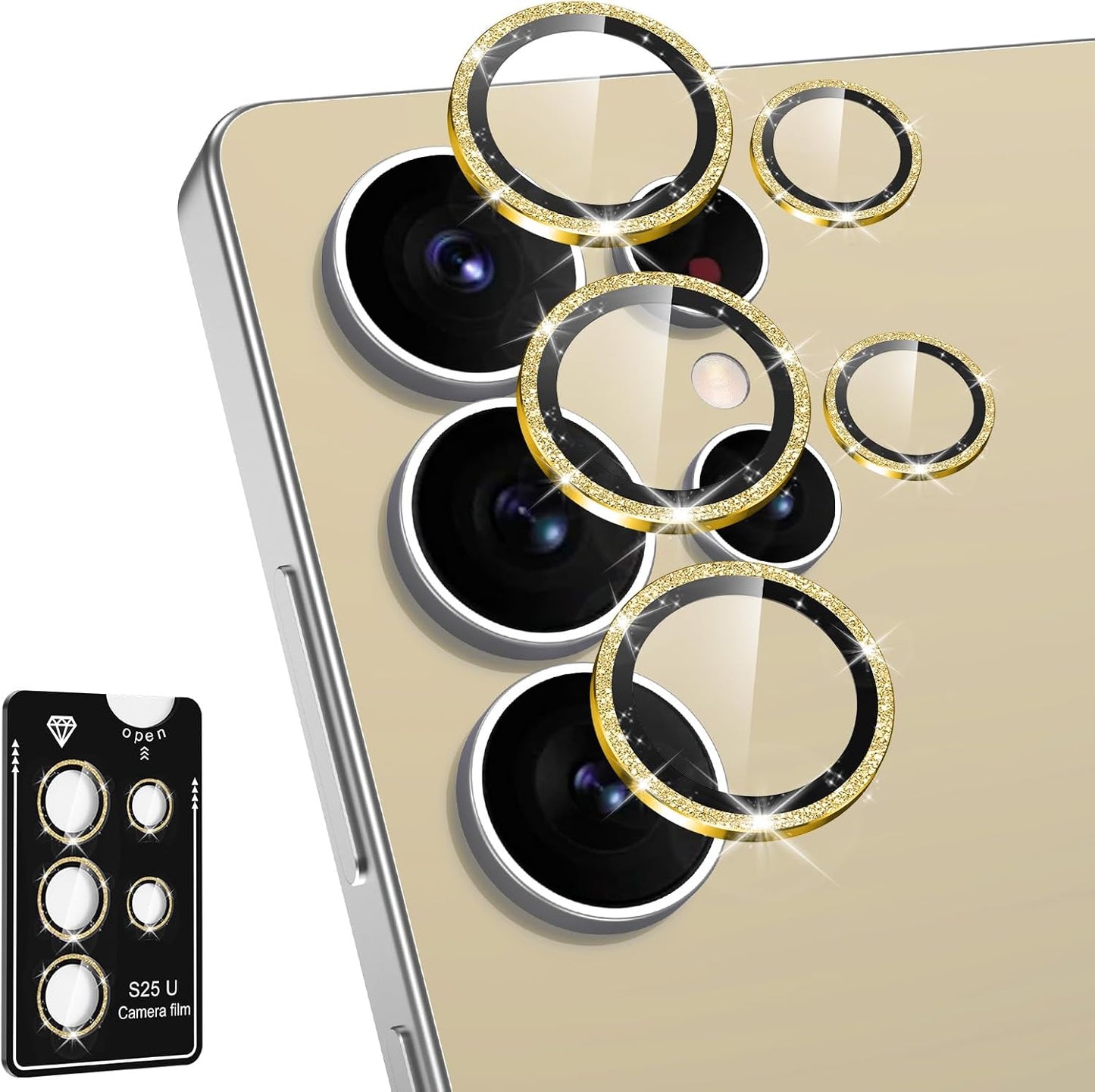 for Samsung Galaxy S25 Ultra Camera Lens Protector, Individual Metal Ring Tempered Glass Lens Cover, [Strong Adsorption] Scratch Resistant Ultra-Thin HD Clear Lens Cover, 1 Set-Gold Sparkly