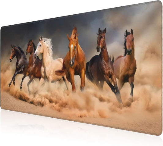 Mouse Pad, Large Running Horse Herd Desk Mat, Extended Non-Slip Gaming Keyboard Mousepad Desk Pad, Thick Stitched Edges Waterproof Mouse Mat 31.5"x15.7" (Horse Herd in Desert Sand Storm)