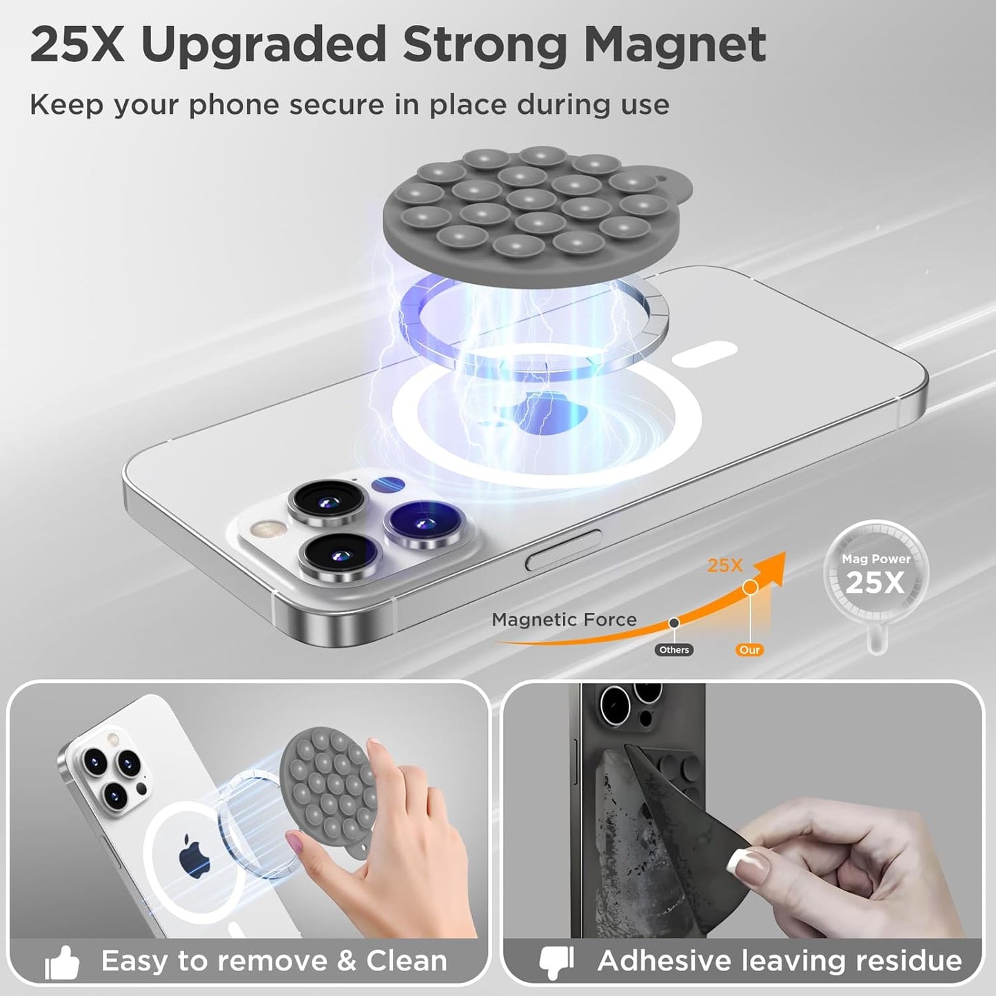 Magnetic Suction Cup Mount for MagSafe Case, Silicone Hands-Free Grip Holder for iPhone and Android, Mirror Shower Phone Stand for Makeup FaceTime Gym Kitchen Bathroom, Gray