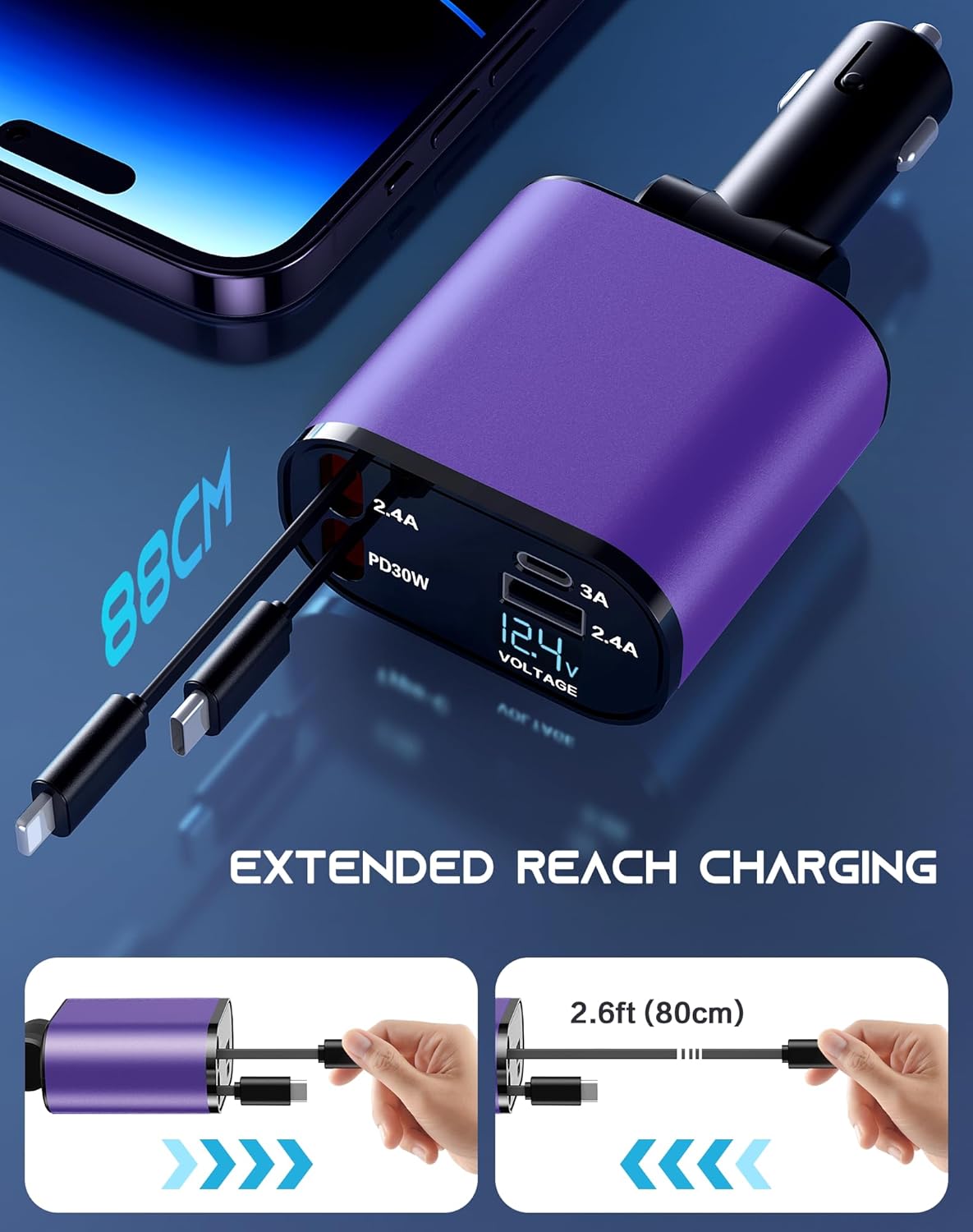Retractable Car Phone Charger, 4 in 1 Fast Charge Car Phone Charger with 2 Retractable Cables(2.6ft) and 2 USB Ports, Compatible with iPhone15/14/15 Pro Max,Samsung (Purple)