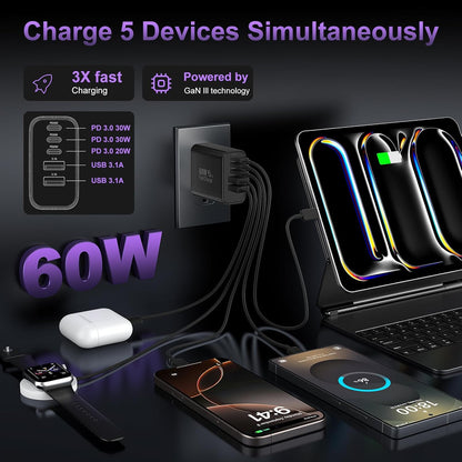 USB C Fast Wall Charger Block, 2Pack 60W USBC Charging Cubes, 5-Port PD+QC Power Adapter Multiport Brick Type C Box Plug for Phone 16/15/14/13/12/11/Pro Max/Plus, Pad Mini/Pro/S25/S24-Black