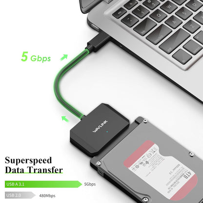 WAVLINK SATA to USB Type-A Hard Drive Cable, 5Gbps USB3.0, Supports UASP, External Hard Drive SATA I/II/III Connector, 2.5" SSD/HDD and 3.5" HDD up to 20TB, Power Adapter Included