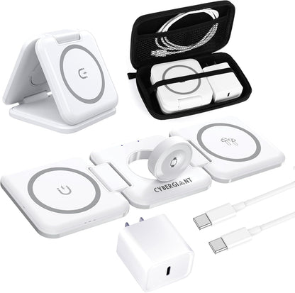 3 in 1 Apple Charging Station for iPhone Airpods iWatch - Travel Charger for Multiple Devices, Portable Foldable Charging Station - Magnetic iPhone Charger with Adaptor&Case (White)