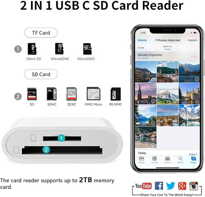 USB C to SD Card Reader, 2-in-1 Type C to SD & TF Memory Card Reader Adapter, Groodo Memory Card Reader MicroSD Card Reader Compatible with iPhone15 16/iPad/Mac/Laptop and More USB-C Devices