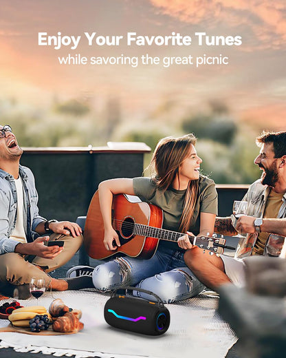 Portable Bluetooth Speaker with Light, Loud Sound and Deep Bass, IPX6 Waterproof, Up to 18H Playtime, TWS Pairing, Support Bluetooth/AUX/USB/TF Card for Home, Party, Outdoor and Travel (Black)