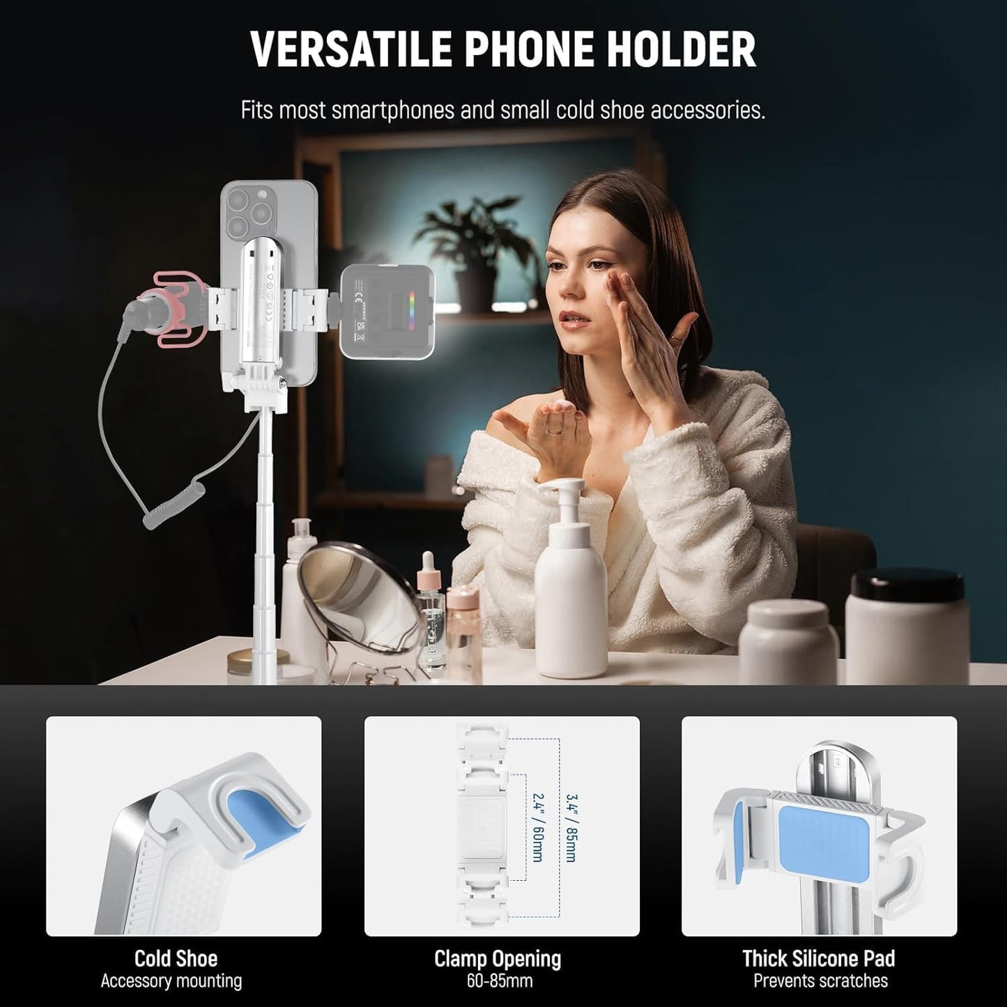 NEEWER Selfie Stick with Detachable Bluetooth Remote Shutter, Lightweight Foldable Travel Tripod for iPhone for YouTube/TikTok Vlogs Live Streaming Photography, White, P15