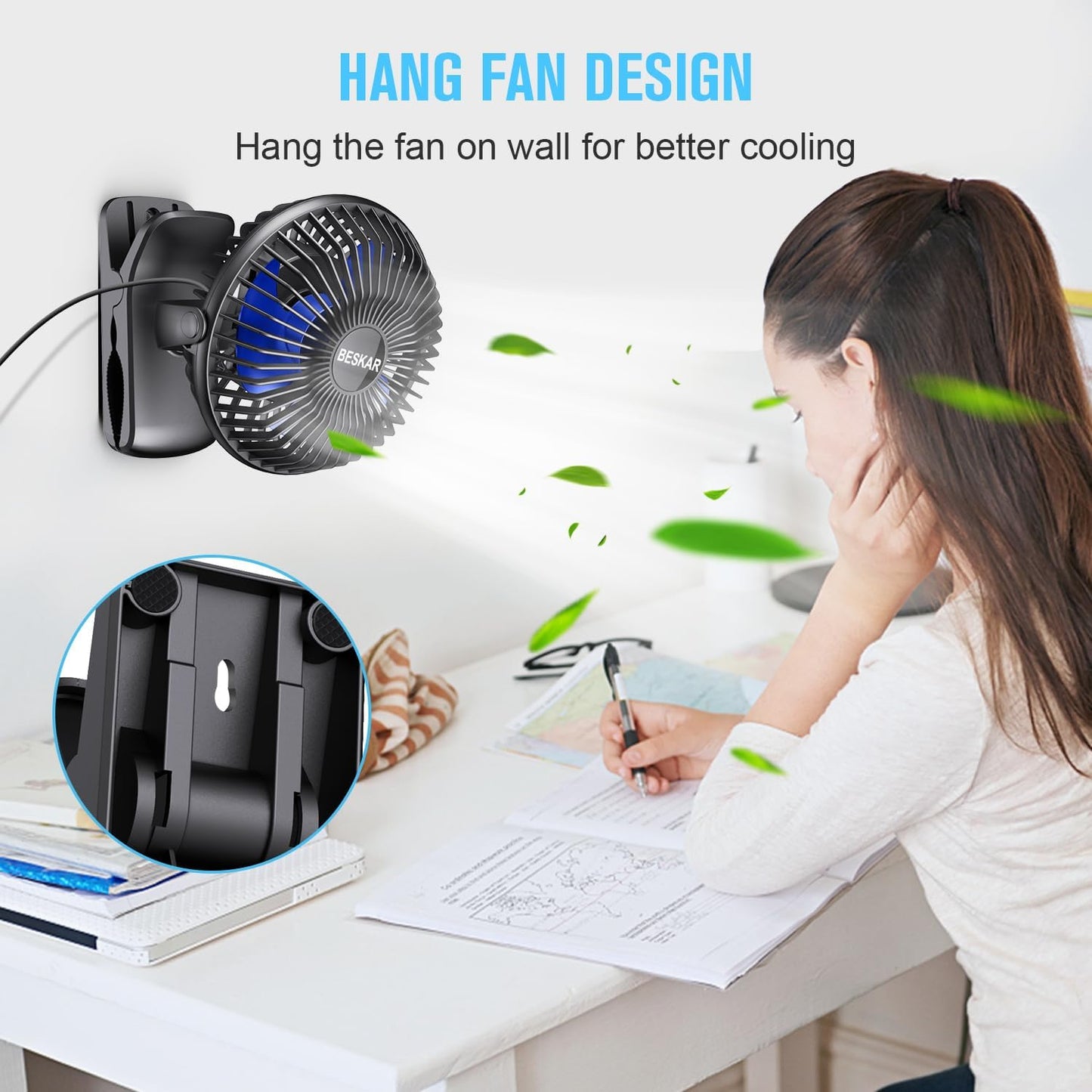 BESKAR USB Clip on Fan, Portable Small Fan with Cord Powered, 3 Speeds Strong Airflow, with Sturdy Clamp, Quiet Personal Desk Fan