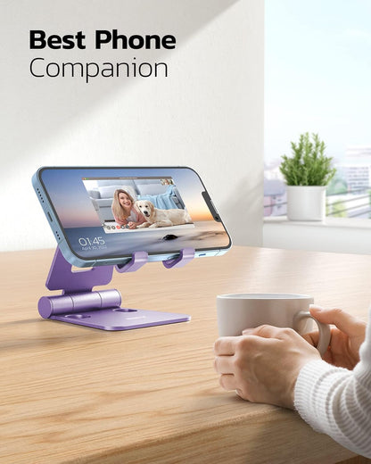 Nulaxy Dual Folding Cell Phone Stand, Fully Adjustable Foldable Desktop Phone Holder Cradle Dock Compatible with iPhone 17 16 15 14 13 12 11 Pro Max Xs Xr X 8, Nintendo Switch, All Phones - Purple