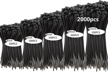 2000 PCS Zip Ties Assorted Sizes 4+6+8+10+12 Inch Self-locking Nylon Cable ties Outdoor, UV Resistant Wire Straps for Home Office Garden Workshop Indoor Outdoor Fence(Black)