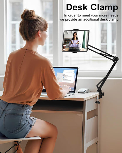 Tablet Floor Stand with 11lb Stable Base & Desk Clamp, Adjustable Height Stretchable Arm Swivel Dual Holder, Compatible with iPhone, iPad Pro Air Mini, Galaxy Tab, Kindle, Phones (4.5''-13'')