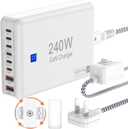 240W Fast Charging Blocks, 8-Port Charging Station for iPhone/Ipad/MacBook, 6C2A PD GaN Charger Box, USB Tower Hub 5ft Braided Power Cord with On/Off Switch, Flat Plug, Travel Essentials