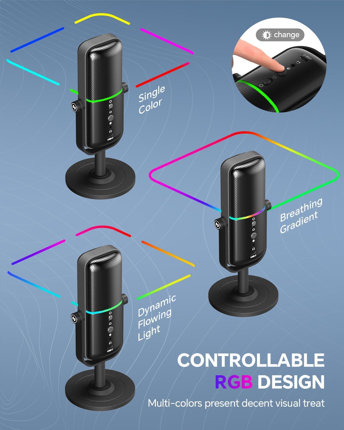 CMTECK USB Microphone for PC, PS4/PS5, Laptop – Computer Microphone with RGB Lighting, Mute Button, Mic Gain, Plug & Play, 3 Sound Modes for Streaming, Podcasting, Recording