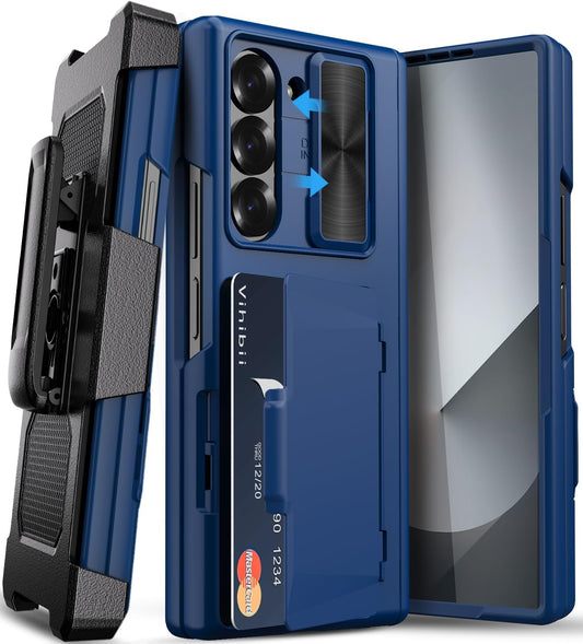 Vihibii for Samsung Galaxy Z Fold 6 Case with Card Holder & Belt Clip Holster & Camera Cover & Hinge Protection & Screen Protector, Durable Rugged Protective Wallet Case for Samsung Z Fold 6, Blue