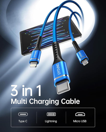 Short Multi Charging Cable 1FT 2Pack 3 in 1 Charger Cord Braided Universal Phone Cords with Lightning/Type C/Micro USB Connectors, Multiple USB Cable for iPhone/Samsung/Google Phones and More