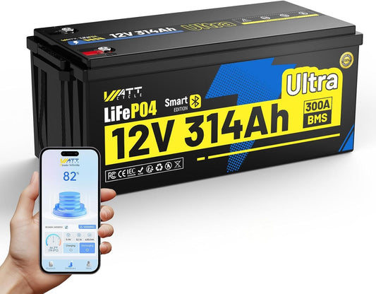 12V 314Ah LiFePO4 Lithium Battery for Golf Cart - 300A BMS, Built-in Metal Frame & Bluetooth 5.0, Full Metal 8000+ Deep Cycles Batterys, Perfect for Energy, RV, Solar, Trolling Motor