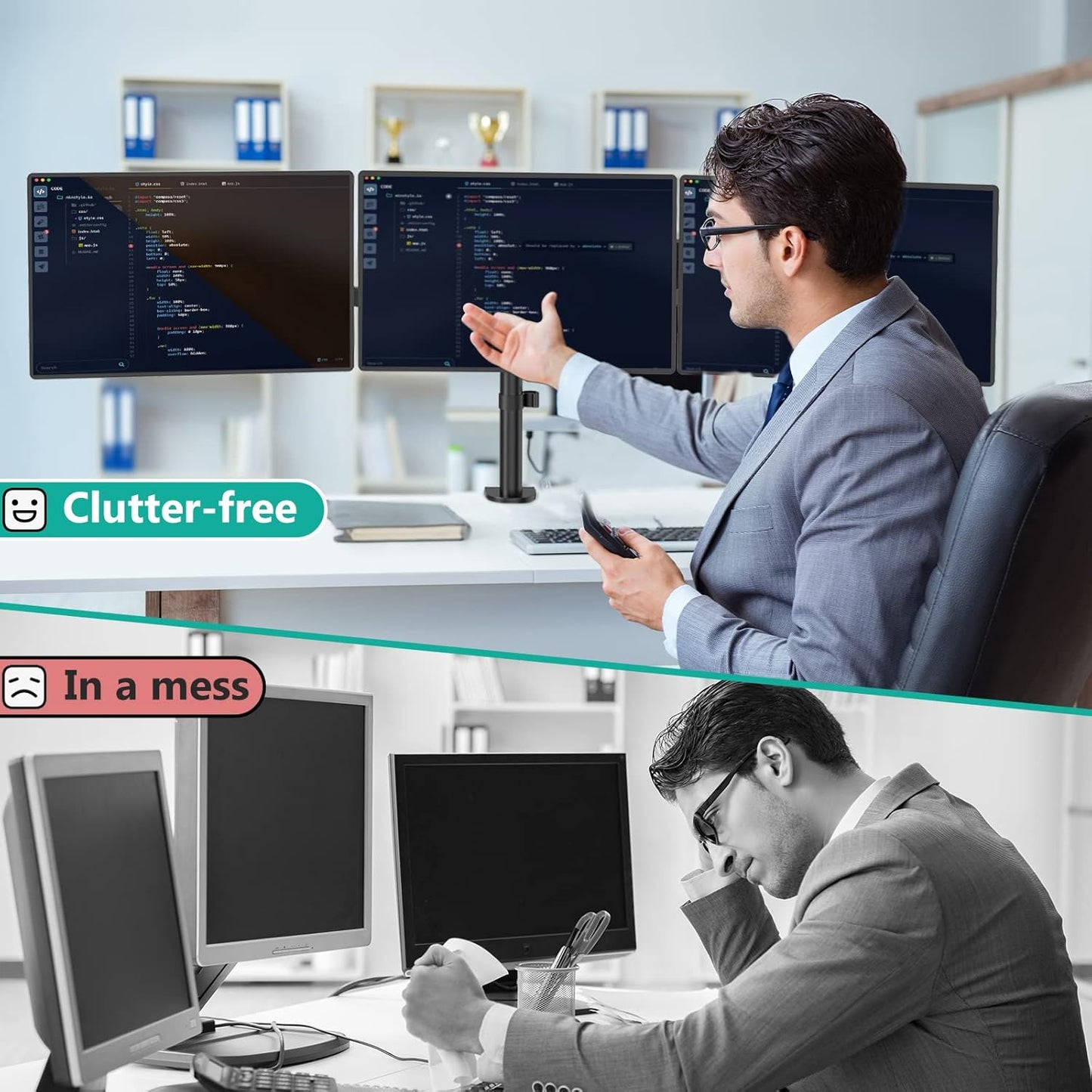 WALI Triple Monitor Mount, 3 Monitor Desk Mount for 13-27 inch Computer Screens, Holds up to 22 lbs, Triple Monitors Stand for Desk, with Tilt, Swivel, Rotation, VESA 75/100mm (M003S), Black