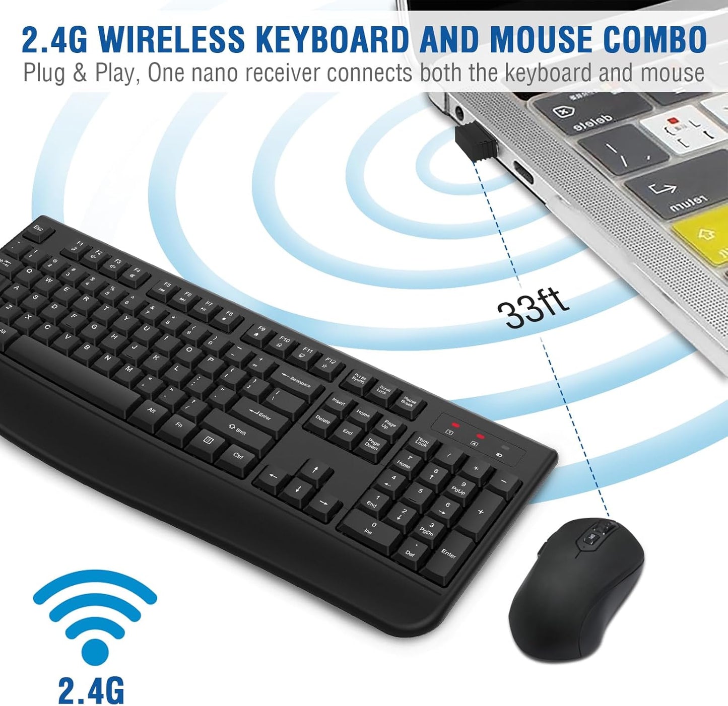 Wireless Keyboard and Mouse Combo, EDJO 2.4G Full-Sized Ergonomic Computer Keyboard with Wrist Rest and 3 Level DPI Adjustable Wireless Mouse for Windows, Mac OS Desktop/Laptop/PC