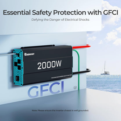 Renogy Inverter P2 2000 watt Pure Sine Wave Inverter, Solar Car Power Inverter 12V to 120V AC Converter for RV, Truck, Camping, Home Backup, Outdoor, Emergency, Off-Grid Living, 16.4FT Remote Control