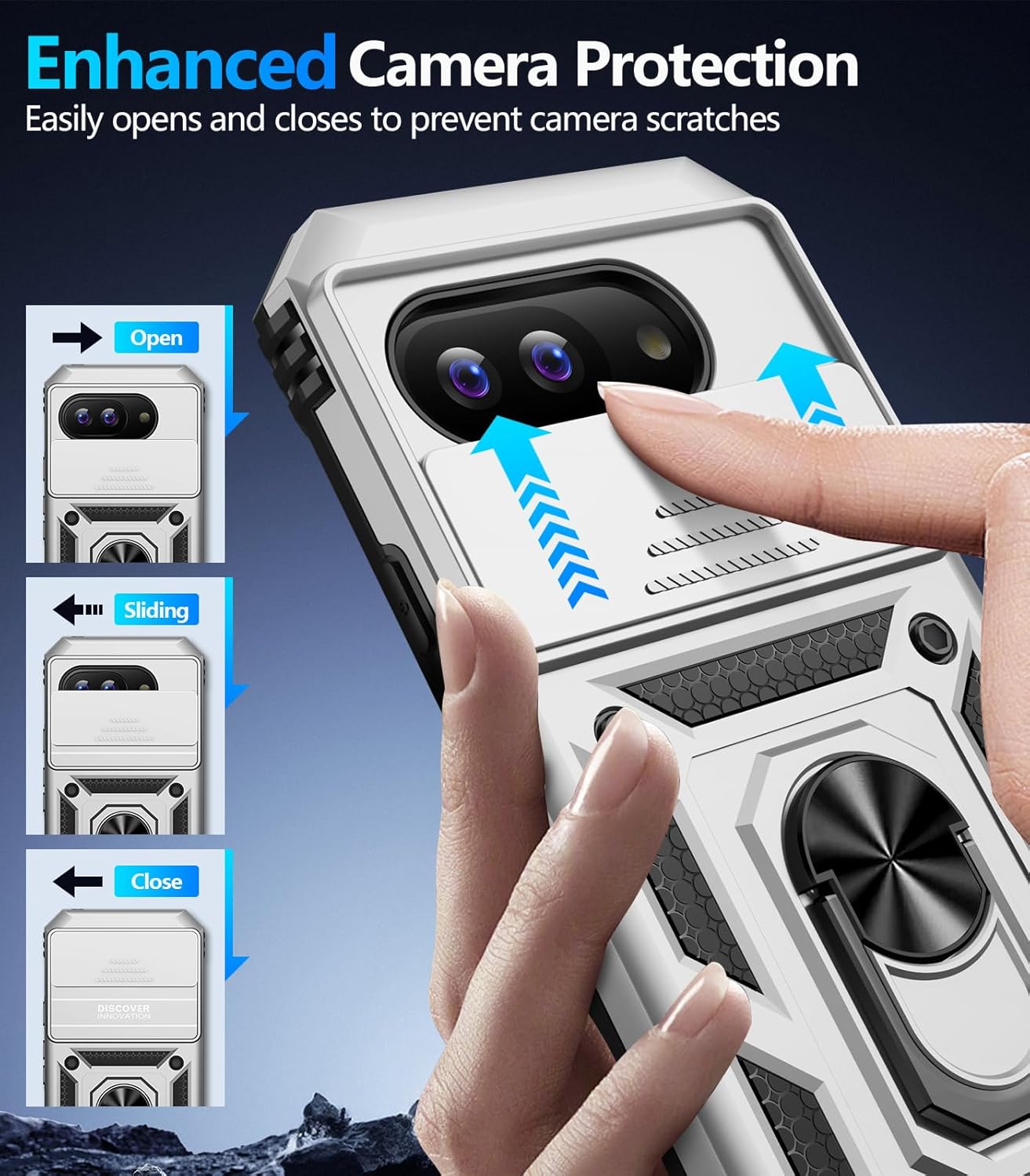 Taisairu for Google Pixel 9A Case with Screen Protector & Slide Camera Lens Cover, Built-in 360°Rotate Magnetic Ring Stand Shockproof Protective Phone Case for Google Pixel 9A Case (Silver)