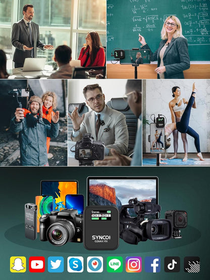 SYNCO Wireless Lavalier Microphone, G2(A2) MAX 2.4G Dual Transmitter 24 Hours Recording 656FT 8H for Online Class Vlog Stream YouTube for DSLR Phone Laptop, Professional-Lapel-Mics-for-Cameras