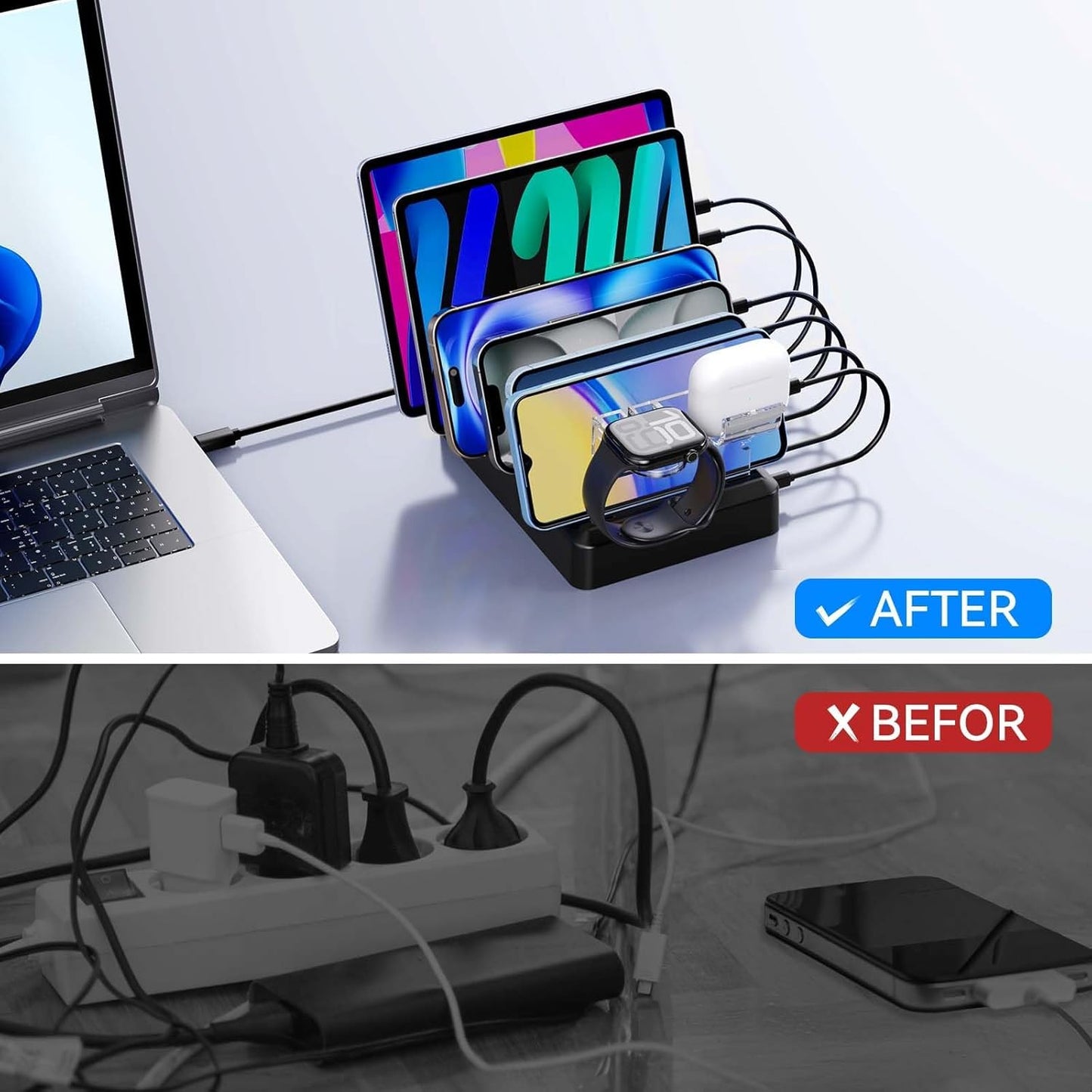 Catlyn Charging Station for Multiple Devices, 6-Port 90W Fast Charger Stations with 8 Mixed Charger Cables Organizer Dock,Compatible for Cell Phone