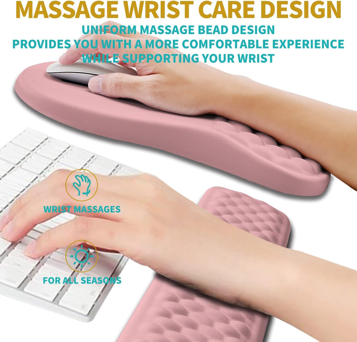 Hokafenle 2 in 1 Ergonomic Mouse Pad Wrist Support & Wrist Rest for Computer Keyboard Set, with Relieve Carpal Tunnel Pain Massage Bulge and Full Memory Gel Design (2In1 Set, Pink)