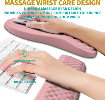 Hokafenle 2 in 1 Ergonomic Mouse Pad Wrist Support & Wrist Rest for Computer Keyboard Set, with Relieve Carpal Tunnel Pain Massage Bulge and Full Memory Gel Design (2In1 Set, Pink)
