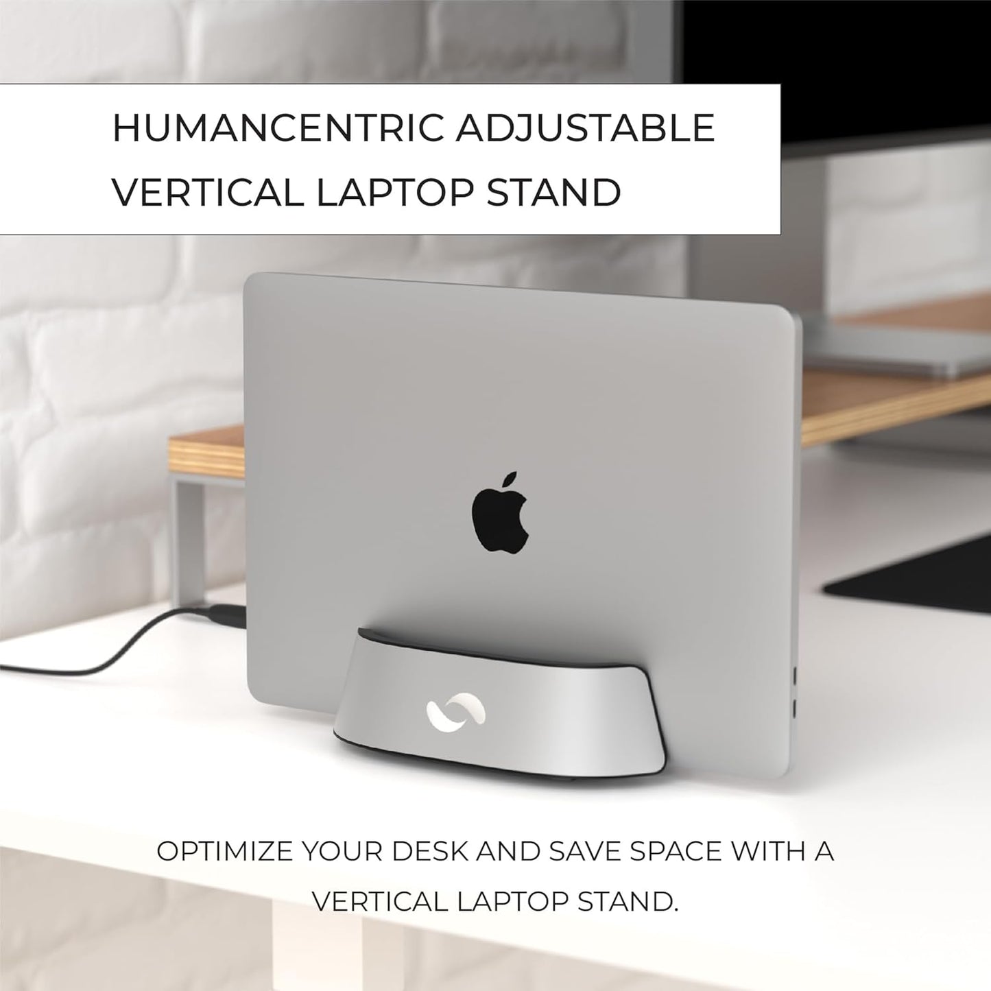 HumanCentric Vertical Laptop Stand in Silver Aluminum, Upright Adjustable Holder and Dock, Laptop Vertical Stand Fits MacBook Pro and Other Laptops .5" to 1.5", Clamshell Compatible