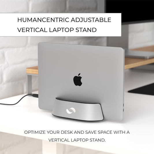 HumanCentric Vertical Laptop Stand in Silver Aluminum, Upright Adjustable Holder and Dock, Laptop Vertical Stand Fits MacBook Pro and Other Laptops .5" to 1.5", Clamshell Compatible