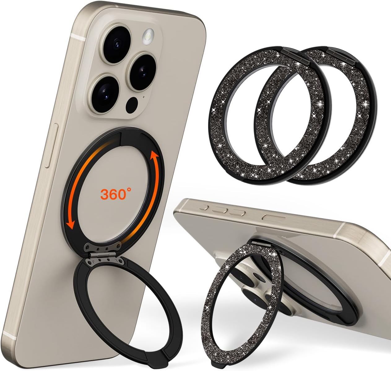 COOLQO 2Pcs 360 Spin Cell Grip Ring Phone Stand [Upgrade Gear Hinge Stress Relief] Magnetic Holders for Your car Accessories Desk Mount Compatible with iPhone All Smartphone, Glitter Black