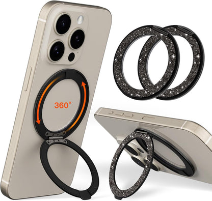 COOLQO 2Pcs 360 Spin Cell Grip Ring Phone Stand [Upgrade Gear Hinge Stress Relief] Magnetic Holders for Your car Accessories Desk Mount Compatible with iPhone All Smartphone, Glitter Black