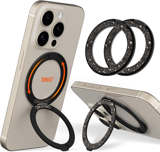 COOLQO 2Pcs 360 Spin Cell Grip Ring Phone Stand [Upgrade Gear Hinge Stress Relief] Magnetic Holders for Your car Accessories Desk Mount Compatible with iPhone All Smartphone, Glitter Black