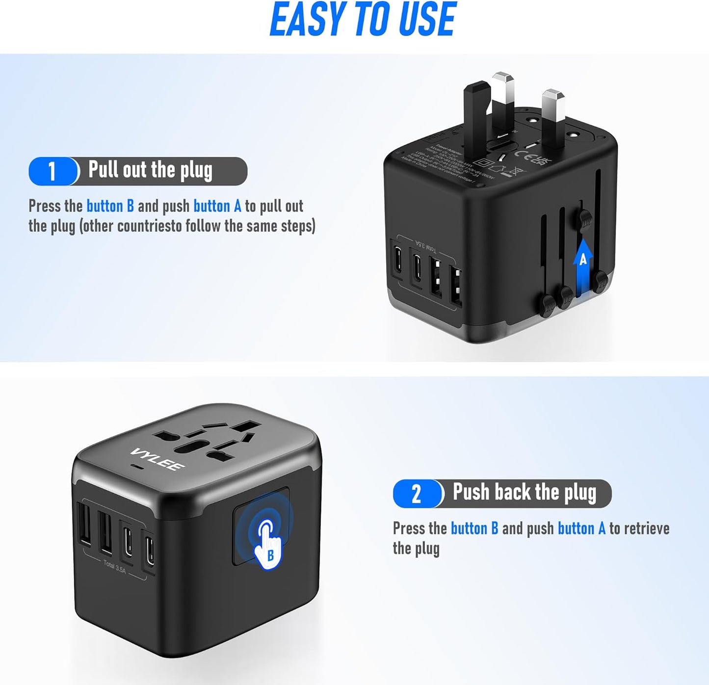 Universal Travel Adapter, VYLEE 5 in 1 International Power Adapter, 3.5A 2xUSB-A and 2xUSB C Wall Charger, Worldwide Travel Essentials Plug for Europe USA UK AUS Asia (Black Grey)