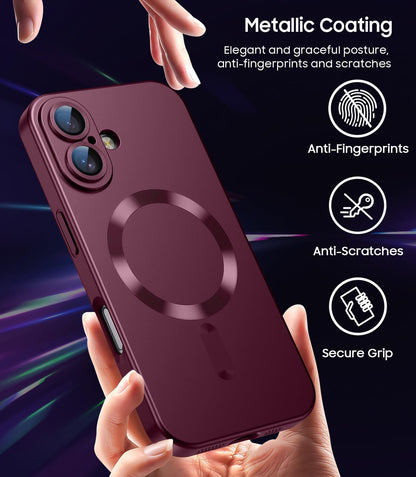 Magnetic for iPhone 16 Plus Case [Compatible with MagSafe][Built-in Camera Lens Protector] Slim Soft Silicone Bumper Shockproof Metallic Luster Phone Case (Burgundy)