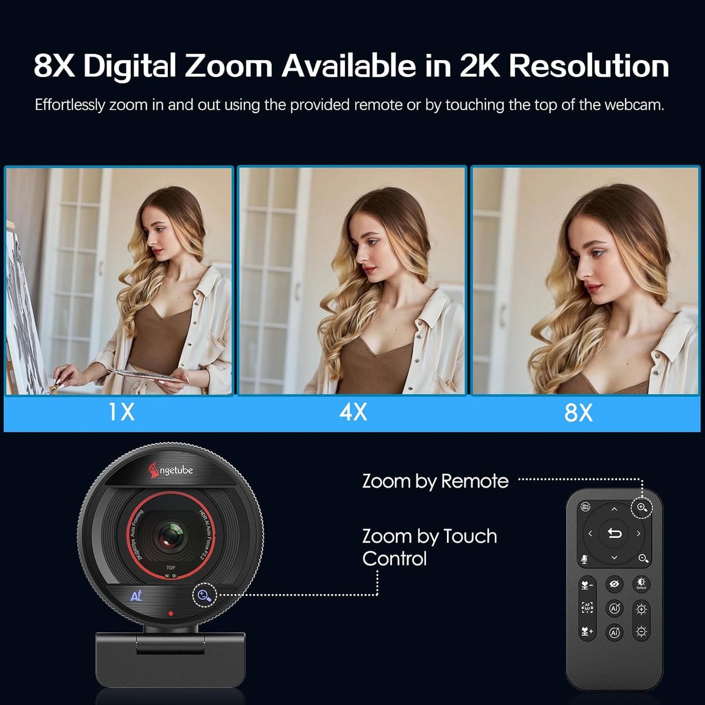 Angetube AI Webcam for PC - 1080p/2K@60FPS HD Web Camera with Remote Control, 8X Digital Zoom Webcam, Privacy Cover, TOF Auto Focus, HDR, USB 3.0 Web Cam Work with Zoom, Skype,Teams, Windows,Mac