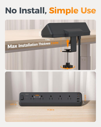 Desk Clamp Power Strip Black, TESSAN 6 Ft Flat Plug Extension Cord with Multiple Outlets, 5 Outlets with 4 USB (2 USB C), 2100J Surge Protector Power Strip, Office Home Dorm Gaming Room Essentials