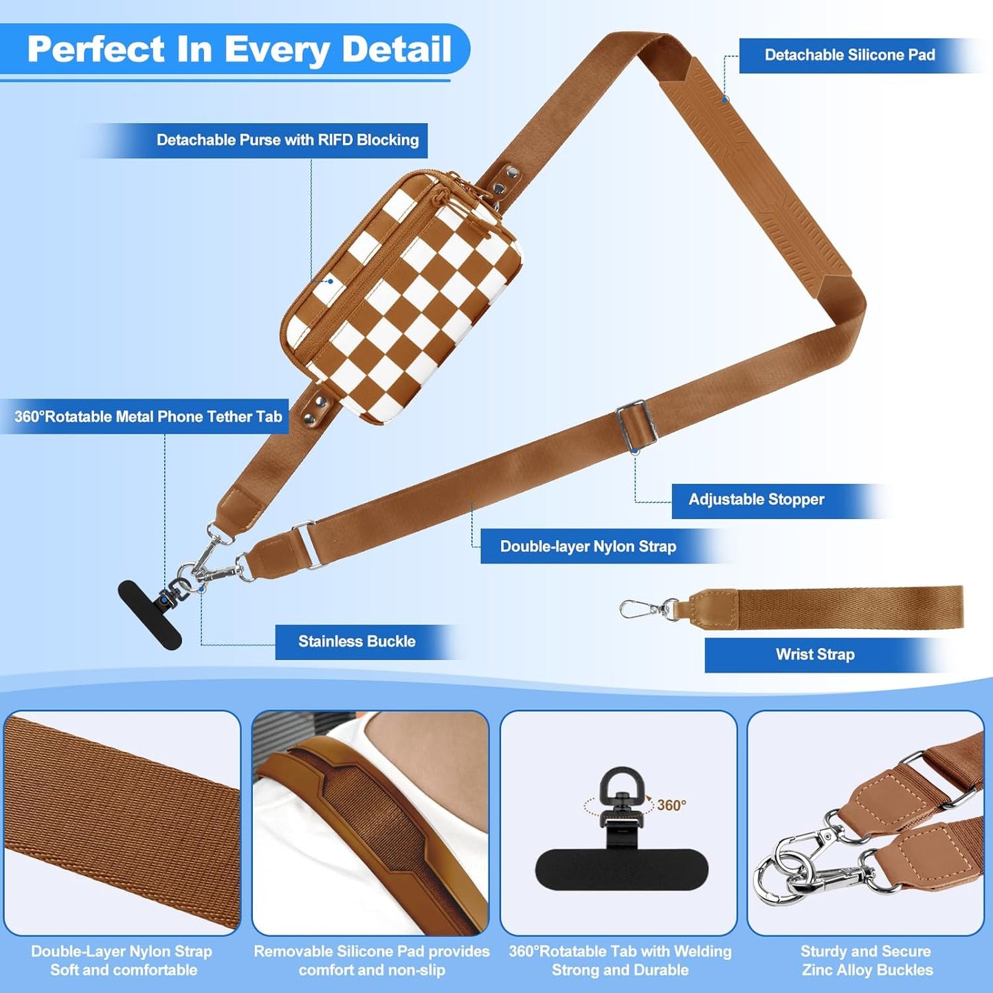 Clip and Go Strap for Phone with Wallet Crossbody, Adjustable Phone Lanyard with Detachable RFID Wristlet Wallet, Phone Strap with Phone Tabs for All Phones, Bronze Checkered (L)