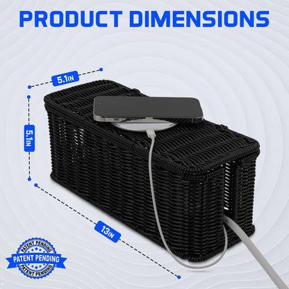 Cable Management Box, Handmade Rattan Cable Organizer, 2 Open Slots Cords Hider Box, Under Desk Cord Organizer for Computer Router USB Hub & Power Strip, Patent Pending, 13" x 5.1" x 5.1", Black