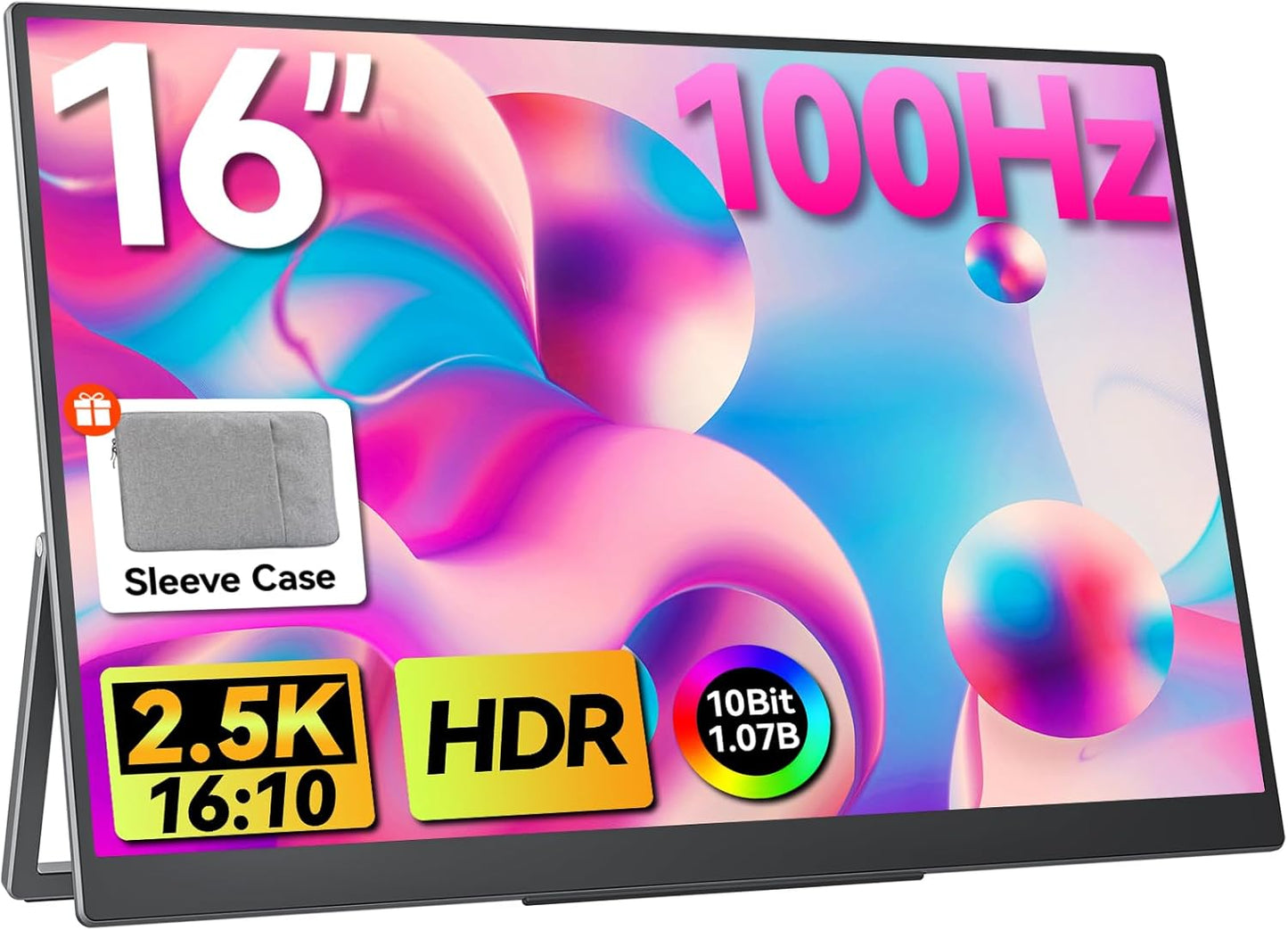 Portable Gaming Monitor 16 Inch QHD 2.5K 2560X1600 16:10 100 Hz 100% sRGB 10 Bit Travel Monitor for MacBook, Laptop, PC, Surface, Game Console, VESA Compatible, with Kickstand & Sleeve