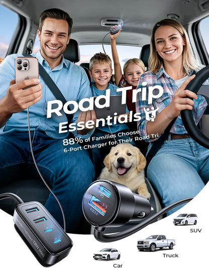 AINOPE 108W USB C Car Charger with 6 Fast Charging Ports, Road Trip Essentials Cigarette Lighter Car Travel Essentials for Long Trips Kids for iPhone 16 15 Pro Max 14 iPad S24 S25 Hire Tablet