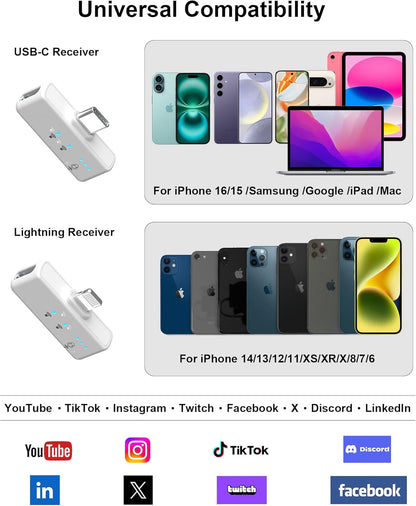 Mini Microphone for iPhone Android, Wireless Mic with 40H Battery, Noise Cancellation, 48KHz 16-Bit, 164ft Range, Magnetic & Clip on Lavalier Microphone for Video Recording, YouTube, Tiktok, Vlogging