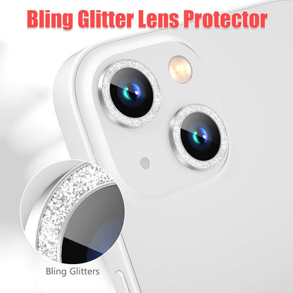 AGVEE 3+3 6 Pack for iPhone 15/15 Plus Camera Lens Protector, Bling Diamond & Bling Glitter Metal Ring 9H Tempered HD Glass Camera Protector Cover Film, Bling-Silver