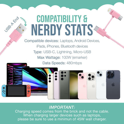Smartish USB-C/Lightning Cable for iPhone 16/15/14 - Crown Joule - 6 Foot Universal Fast Fabric Wrapped Charging Cable w/Micro-USB - Apple MFi Certified for iPhone 13/12/SE/iPad/AirPods/Android - Pink