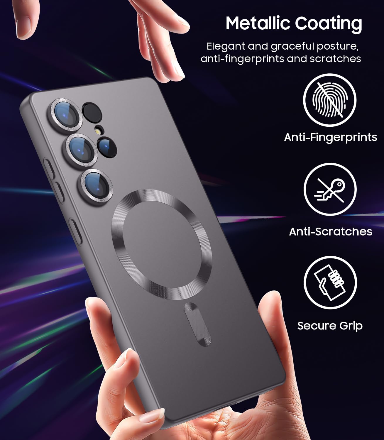 Magnetic for Samsung Galaxy S25 Ultra Case [Compatible with MagSafe][Built-in Camera Lens Protector] Slim Soft Silicone Bumper Shockproof Metallic Luster Phone Shell (Gray)