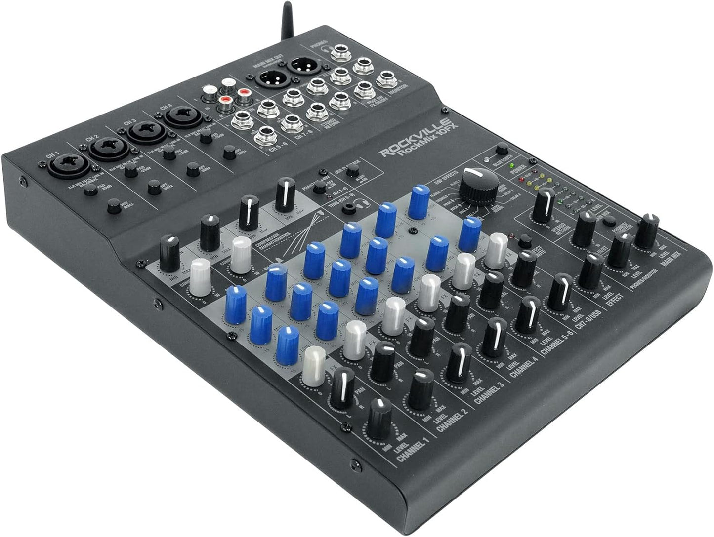 Rockville ROCKMIX 10FX 10-Channel Mixer, USB Recording Interface, Digital Effects, 3-Band EQ, Phantom Power, Bluetooth 5.0, for Home Studio, Podcast, and Live Performance